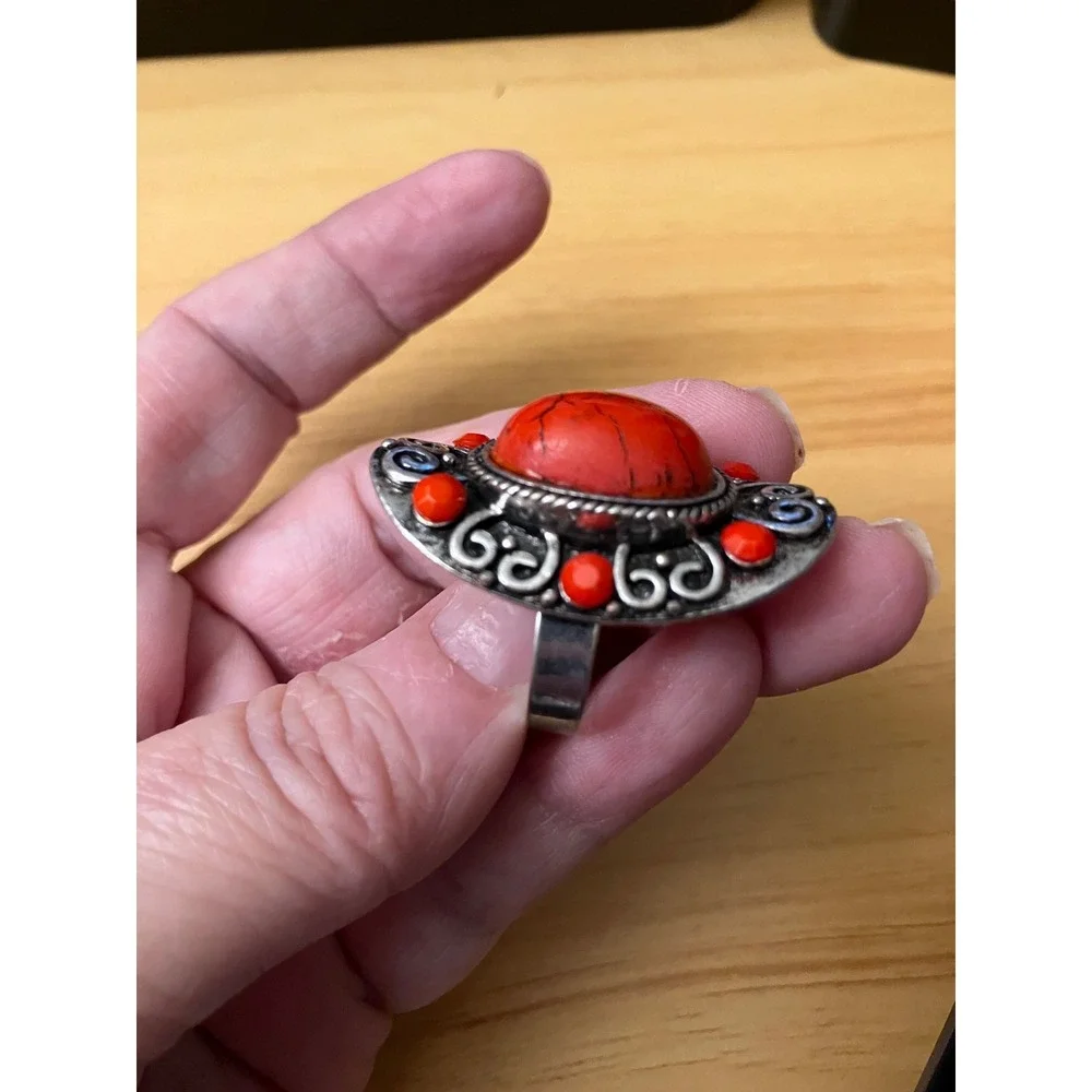 Red Faux Turquoise Statement Ring Silver Tone Adjustable Southwestern Boho Oval